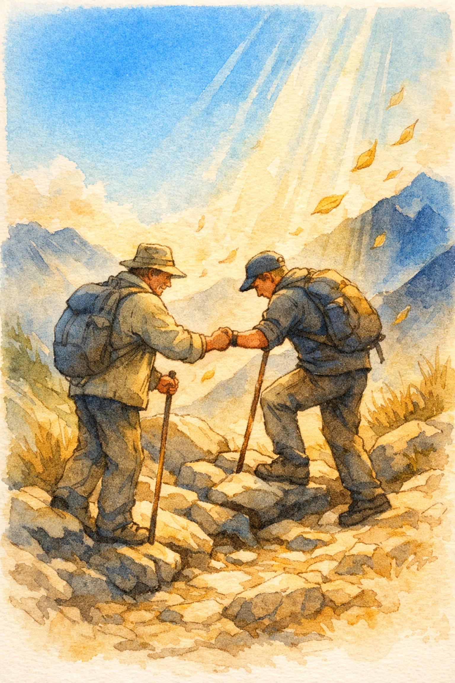 Two friends helping each other climb mountain trail showing Christian fellowship and support