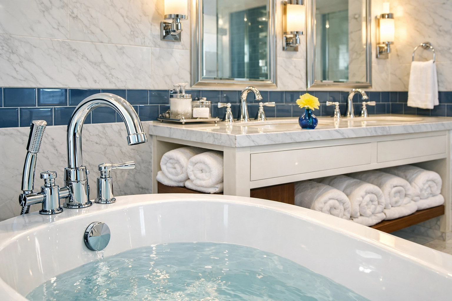 Pristine master bathroom with polished fixtures following professional home cleaning services.