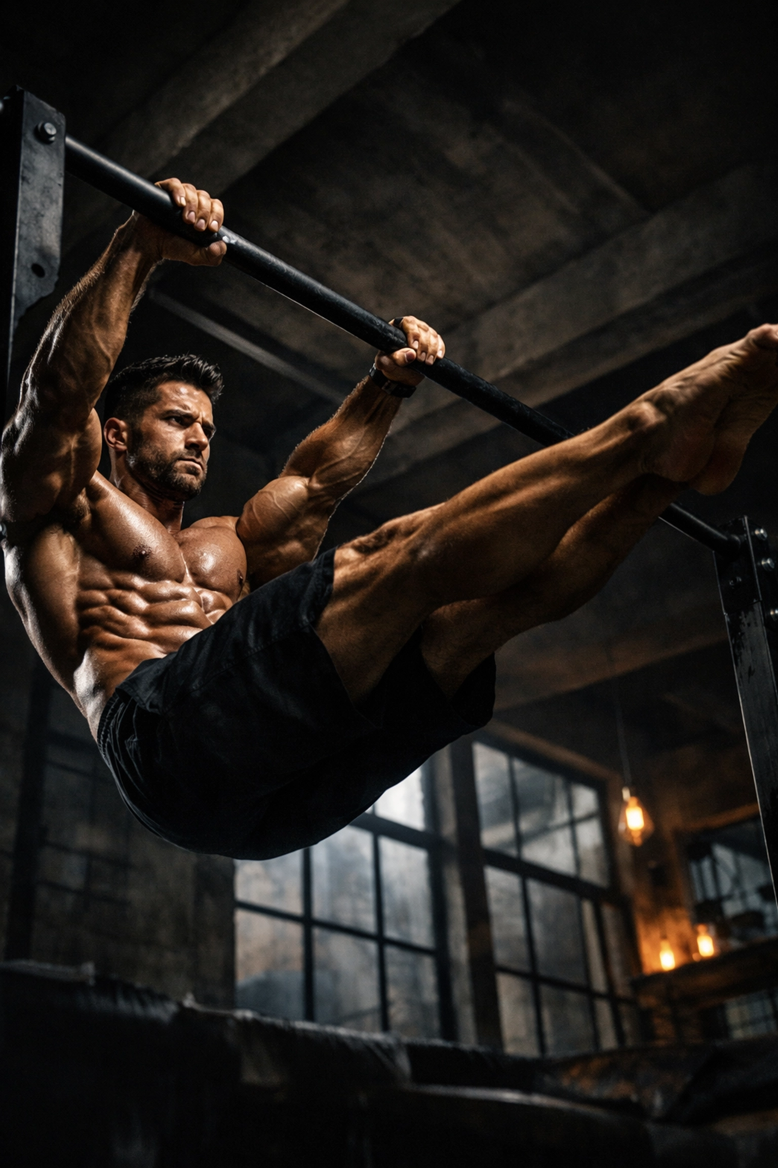 Muscular athlete performing a front lever using home calisthenics equipment in a minimalist loft gym.