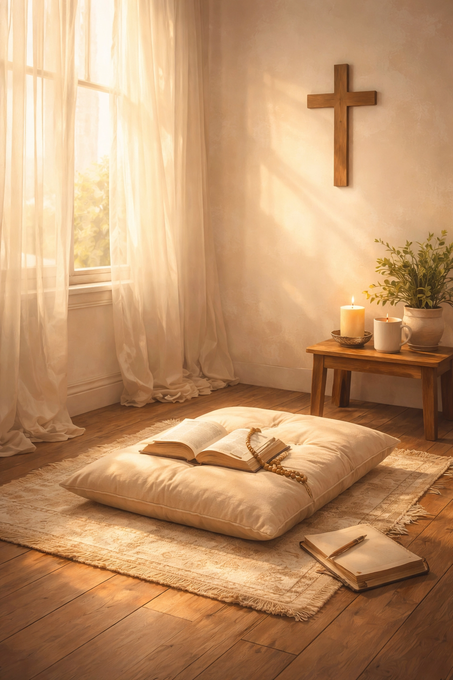 Peaceful prayer corner with cross and journal, representing consecration in seeking the Holy Spirit