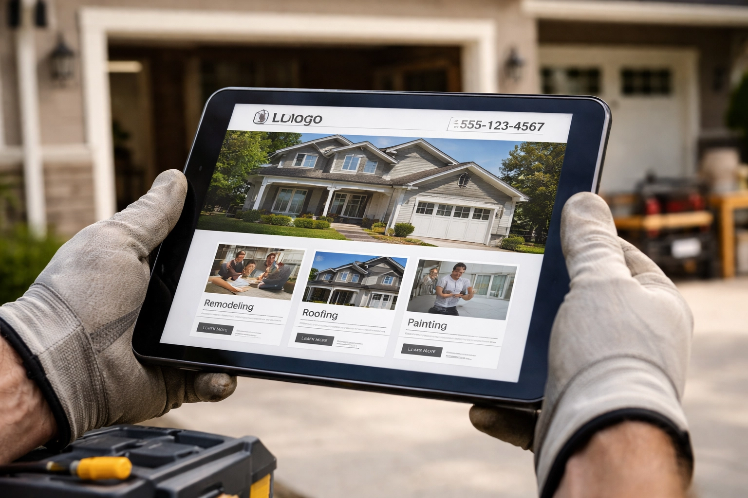 Hands holding a tablet on a job site showing a professional contractor website.