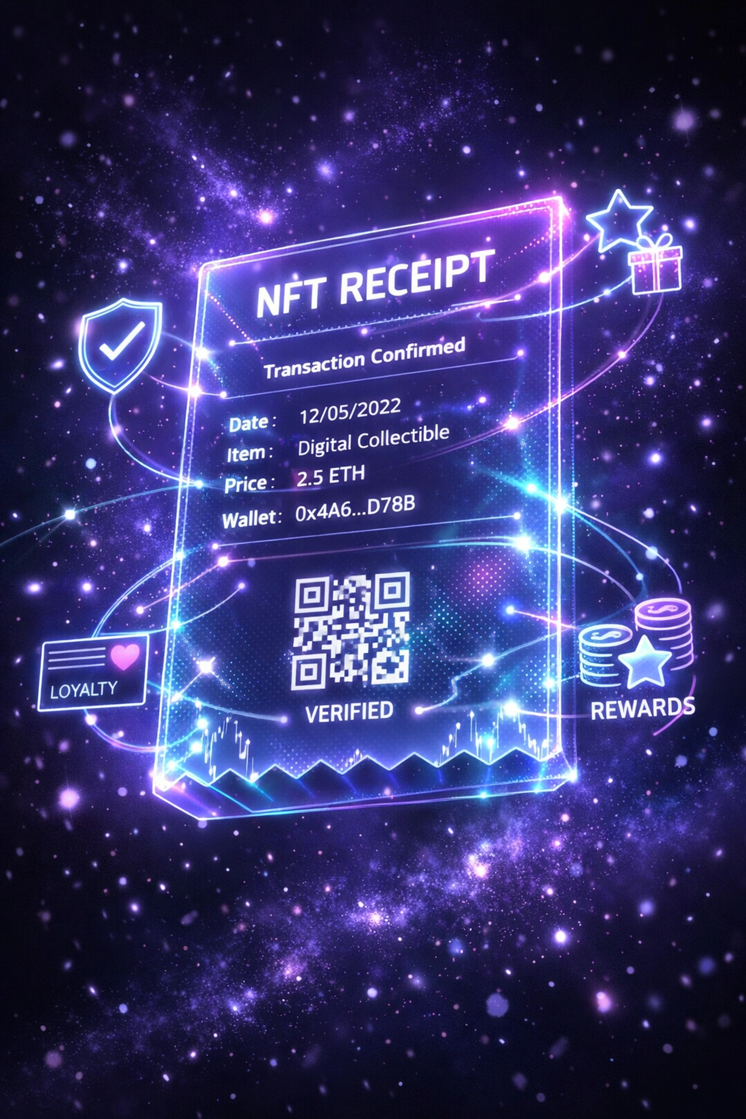Digital NFT receipt with blockchain transaction data and loyalty program connections
