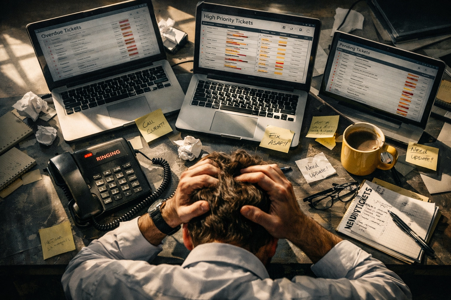 Overwhelmed MSP owner at chaotic desk with overflowing tickets and stressed team management