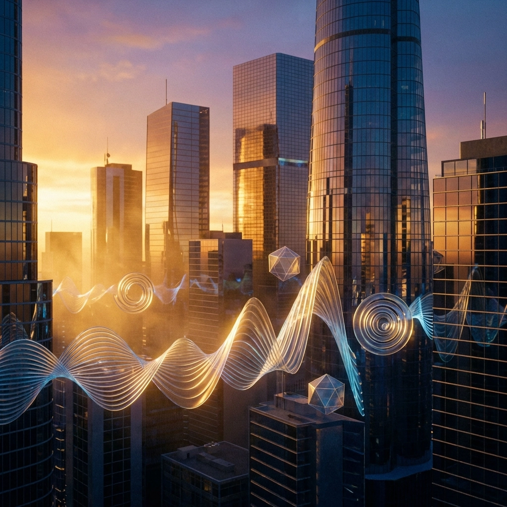 Modern city skyline at sunset with financial data visuals, representing private equity market trends in 2026.