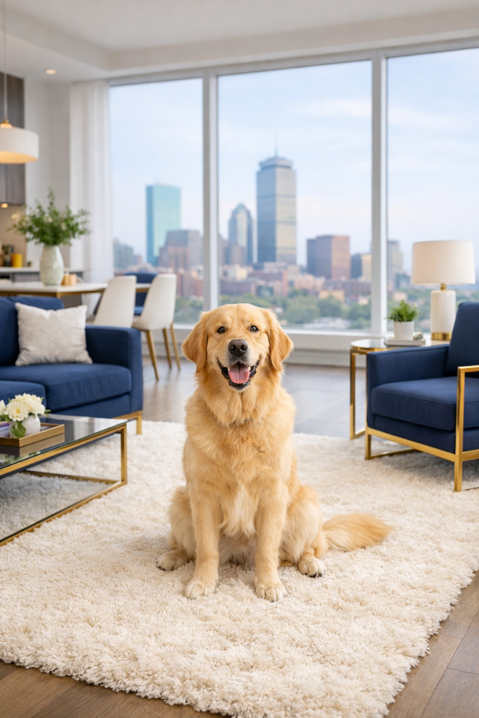 A pet-friendly apartment cleaning Boston result with a clean rug and living room overlooking the city skyline.