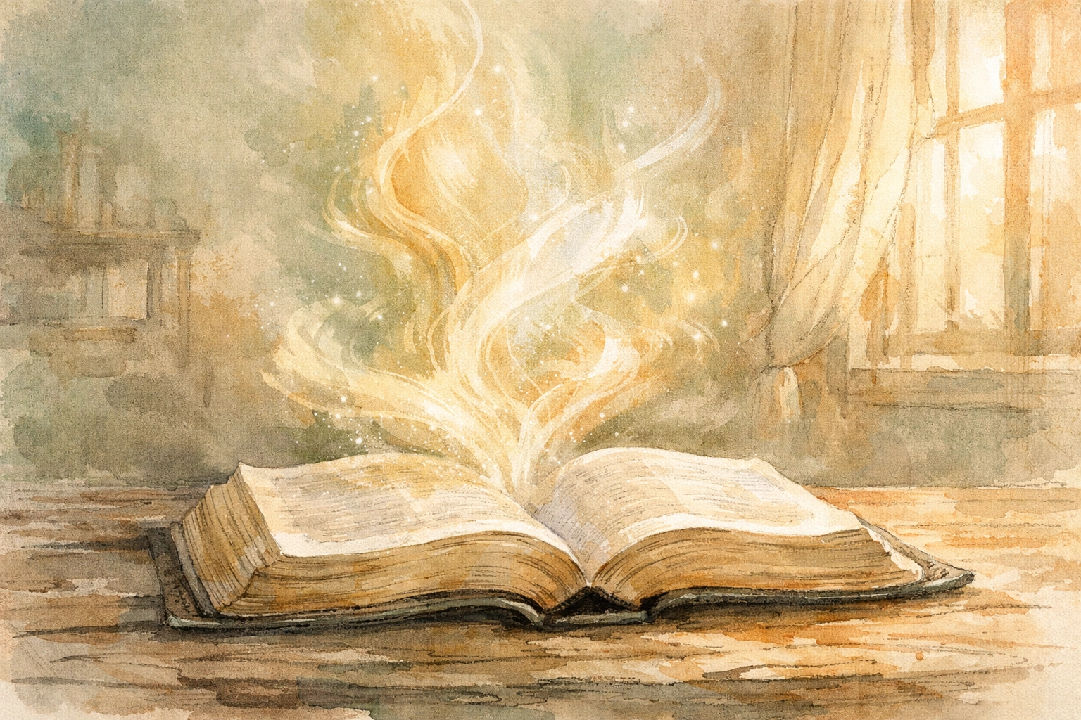 Watercolor illustration of an open Bible with golden light swirling from the pages representing God's breath.