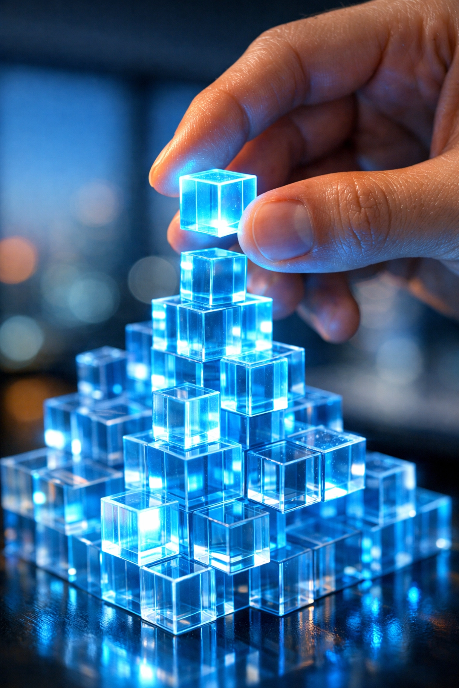 A hand adding a glowing block to a structure, representing building a solid business foundation.