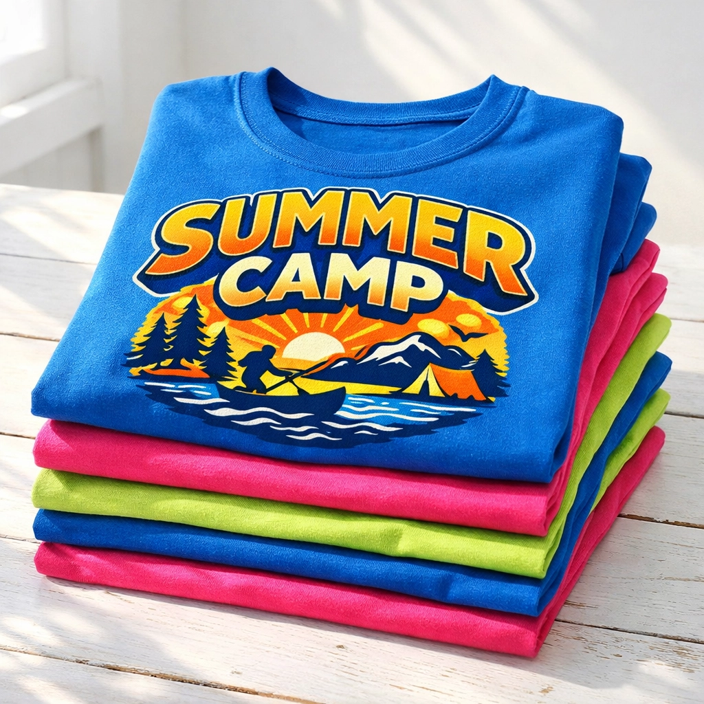 Vibrant neon summer camp t-shirts with retro 2026 designs stacked on a clean wooden table.