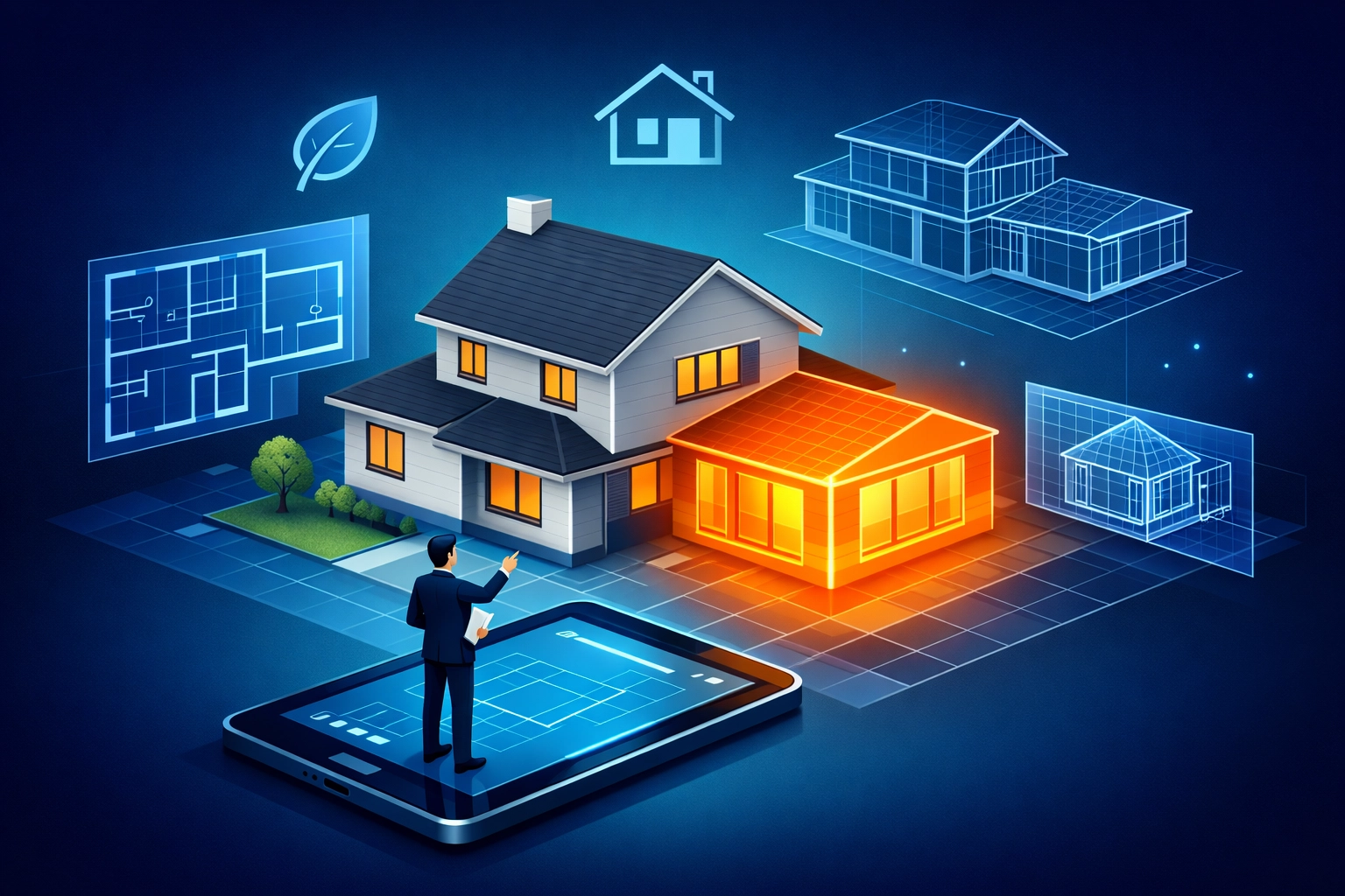 Isometric illustration of an eco-friendly house extension planning process in Guildford with digital blueprints.