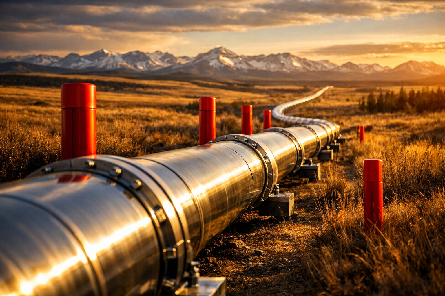Alberta pipeline infrastructure across prairie landscape with mountain backdrop