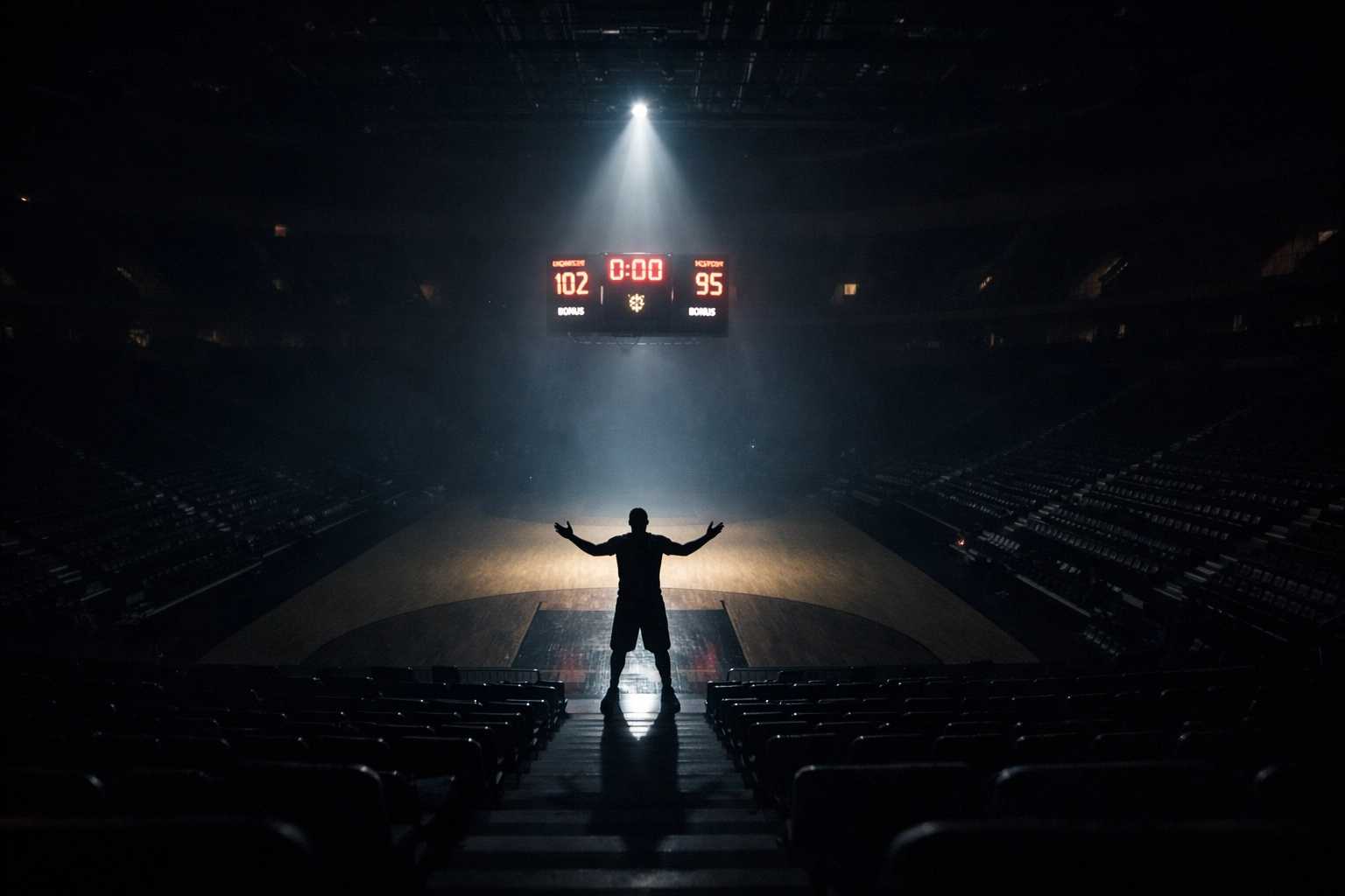 Silhouette of a basketball player in an empty arena with arms open in gratitude and surrender to God.