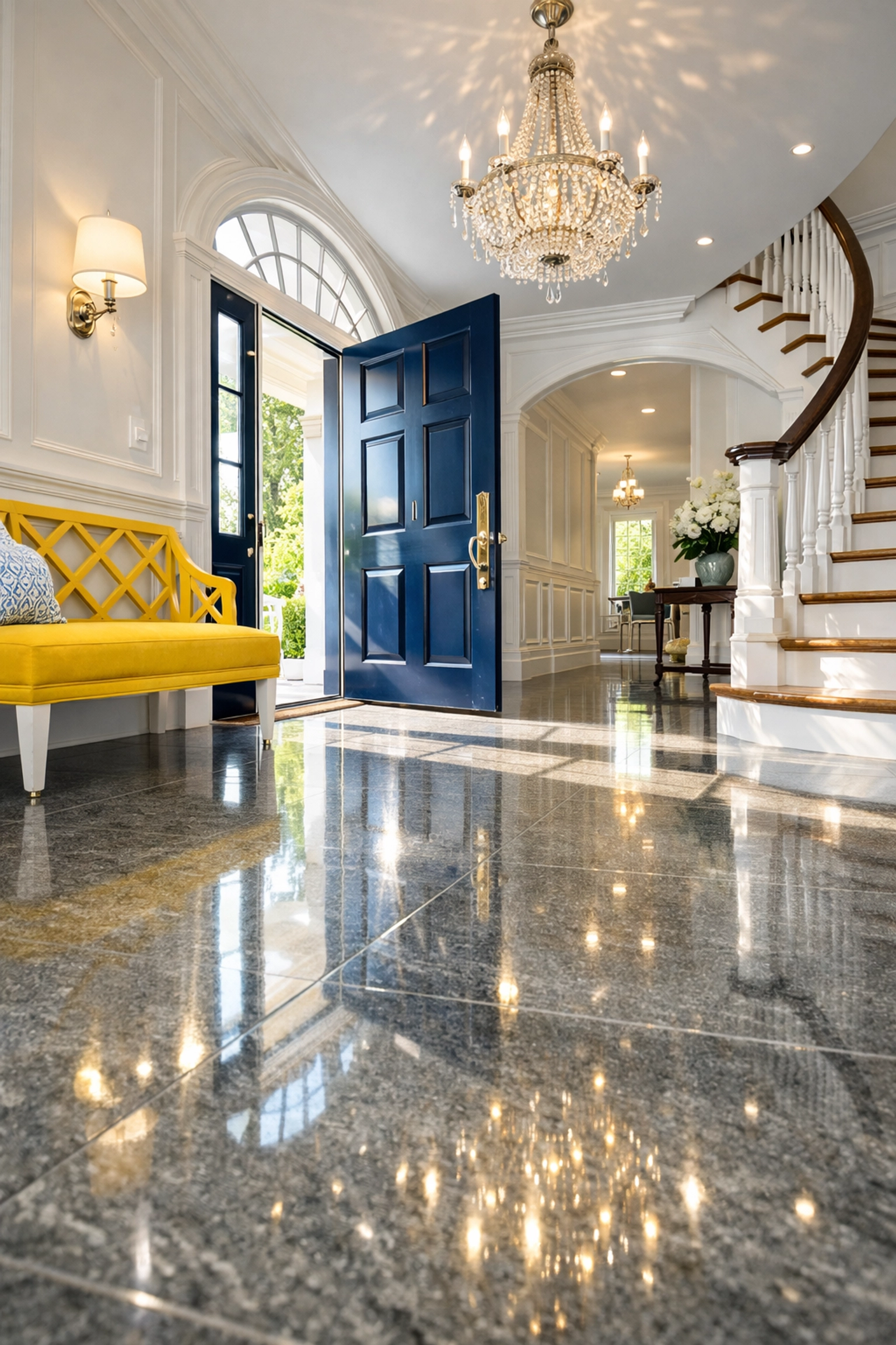 Sunlight reflecting off a clean stone entryway in a home maintained by green cleaning services.