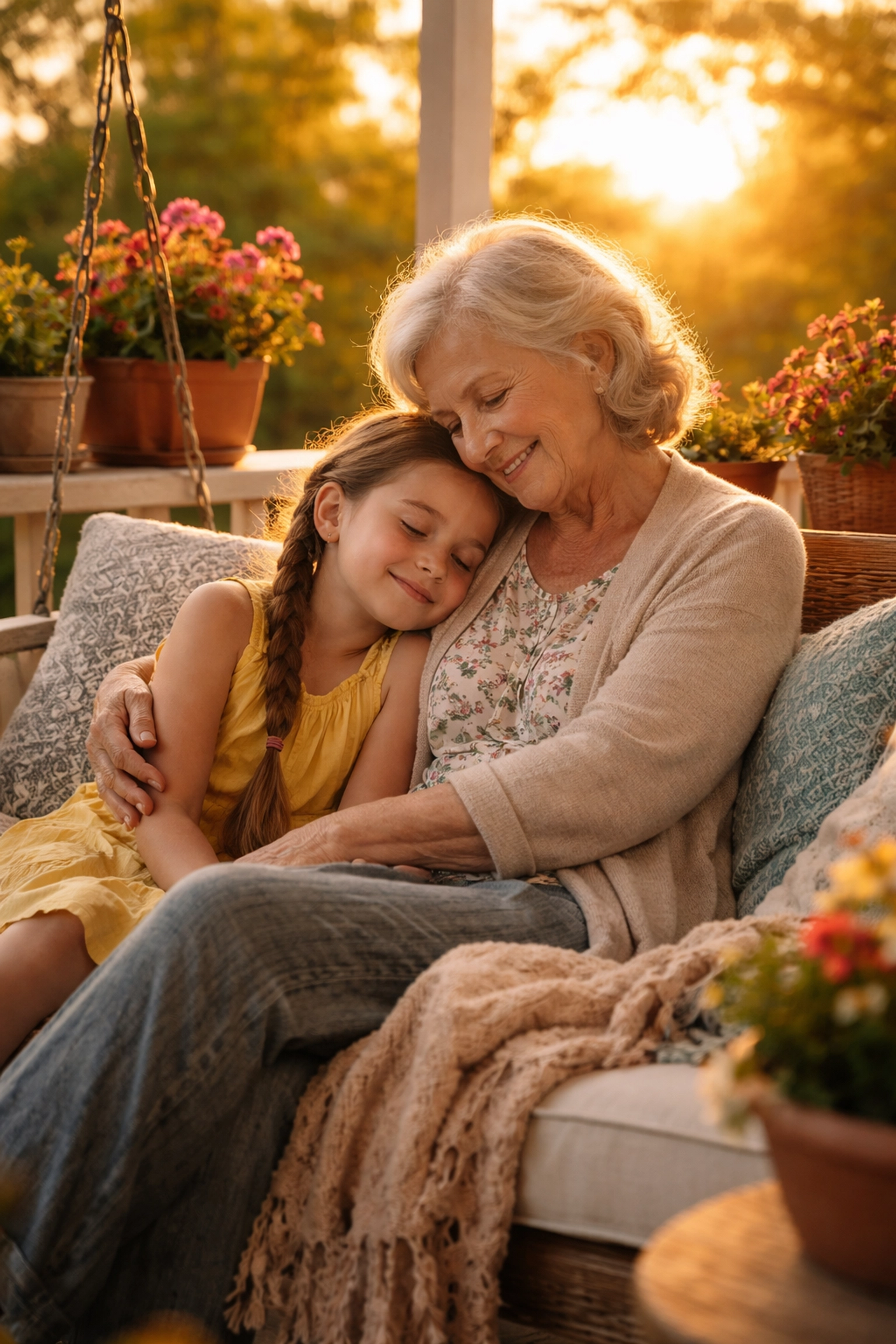 Grandmother and granddaughter share peaceful moment on porch swing, highlighting intergenerational support and connection.