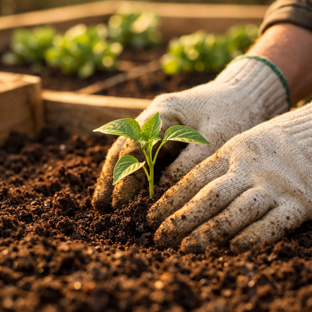 Gardener planting pepper seedling in square foot garden raised bed