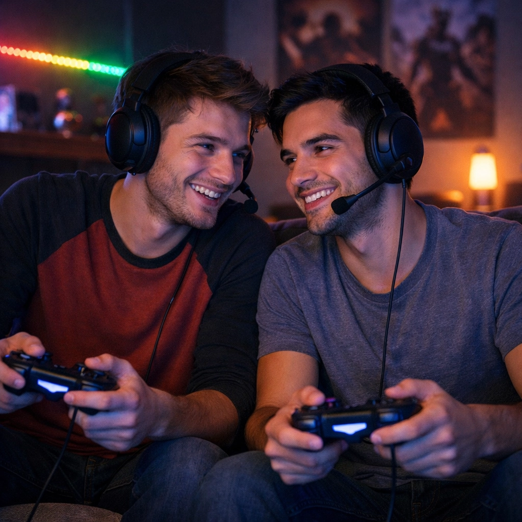 Two gay men gaming together on couch with controllers and headsets in cozy setup