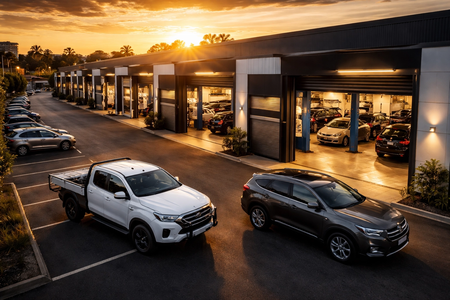 Aerial view of busy Brisbane automotive workshops at sunset with visible service bays