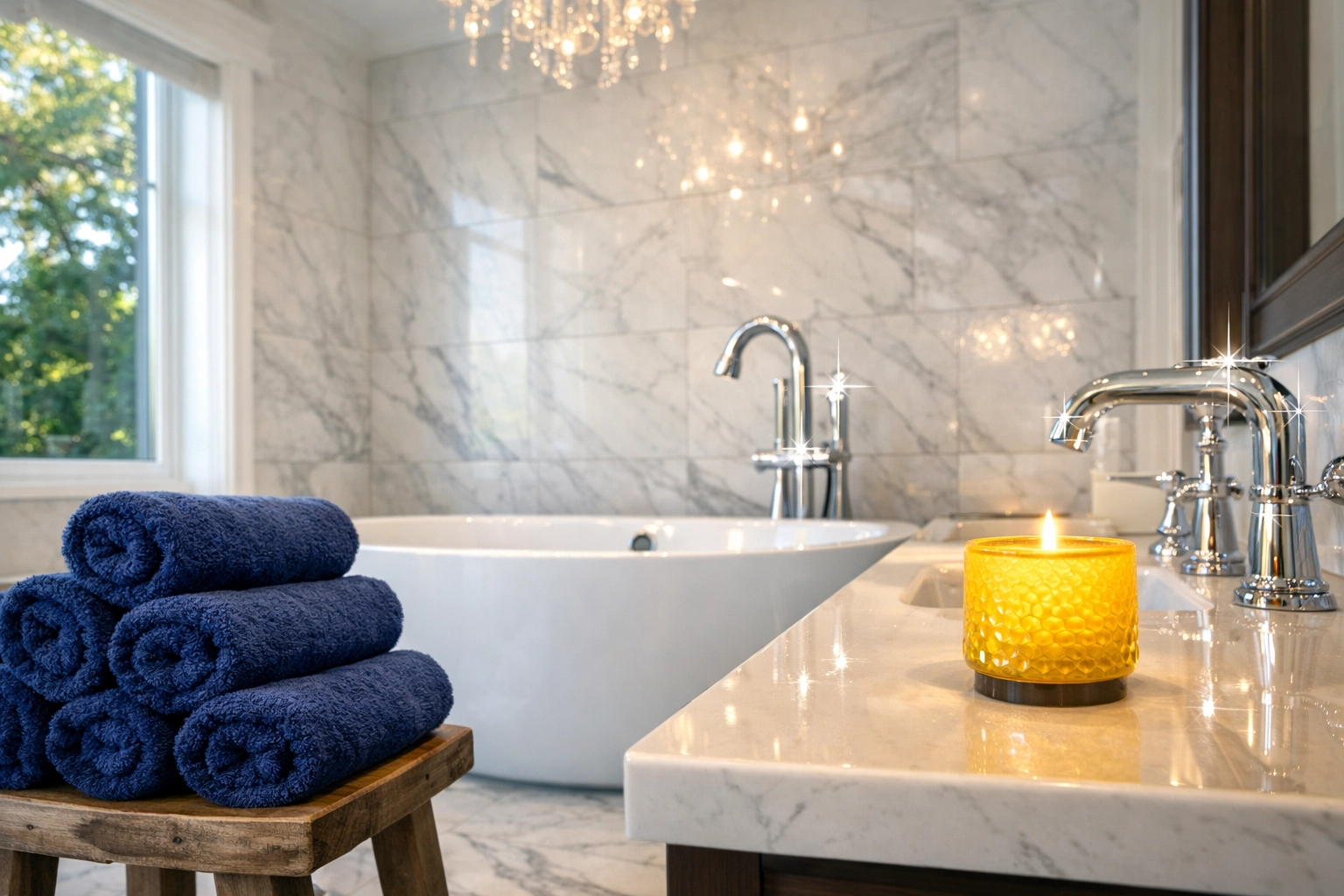 Spotless luxury master bathroom in Westford with sparkling marble tiles and a clean soaking tub.