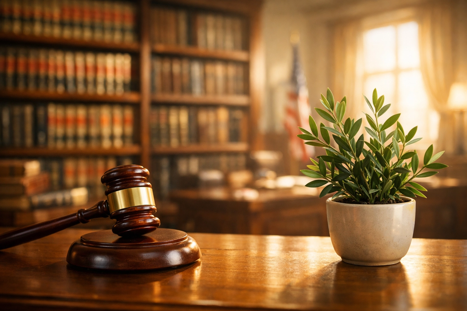 A wooden gavel and olive plant in a sunlit courtroom library representing refugee legal protection.