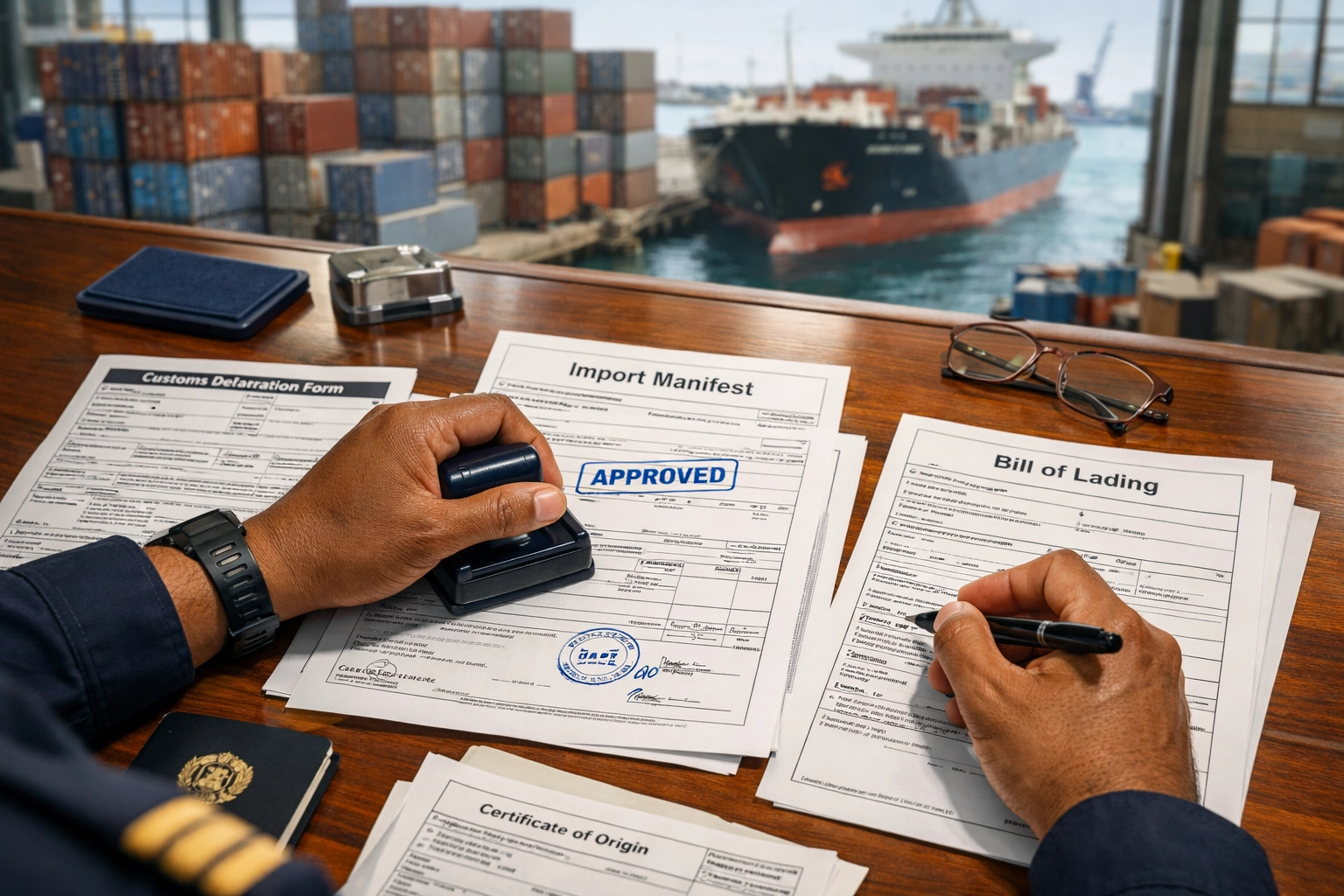 Customs agent processing vehicle shipping documents at African port terminal