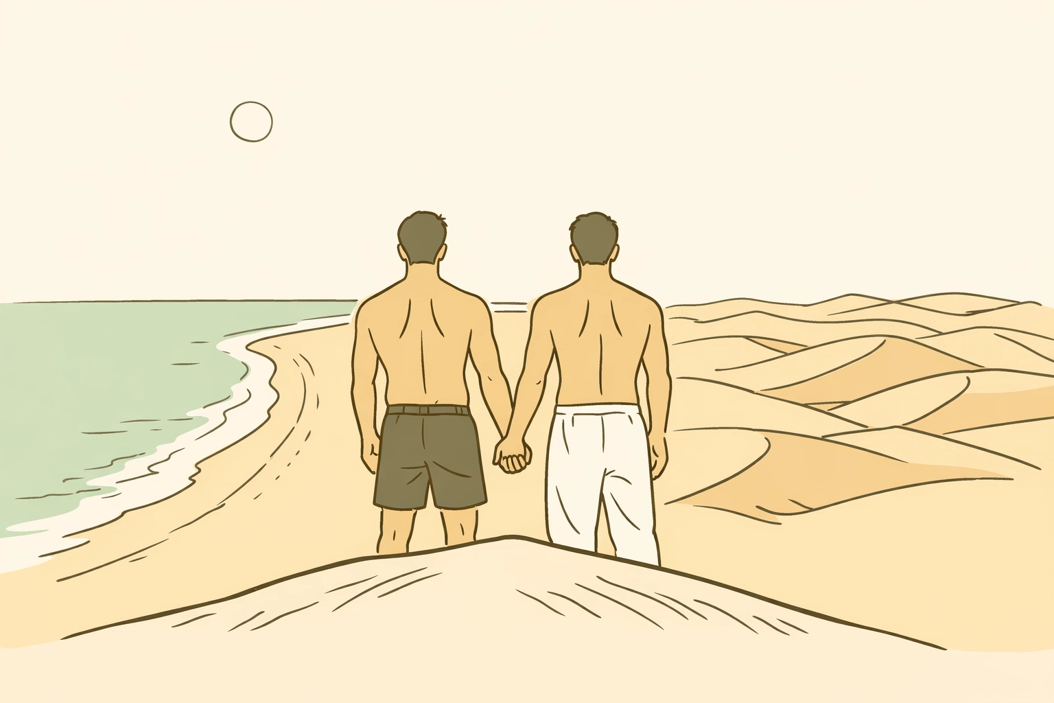 Gay couple holding hands on Maspalomas dunes overlooking Atlantic Ocean and desert landscape