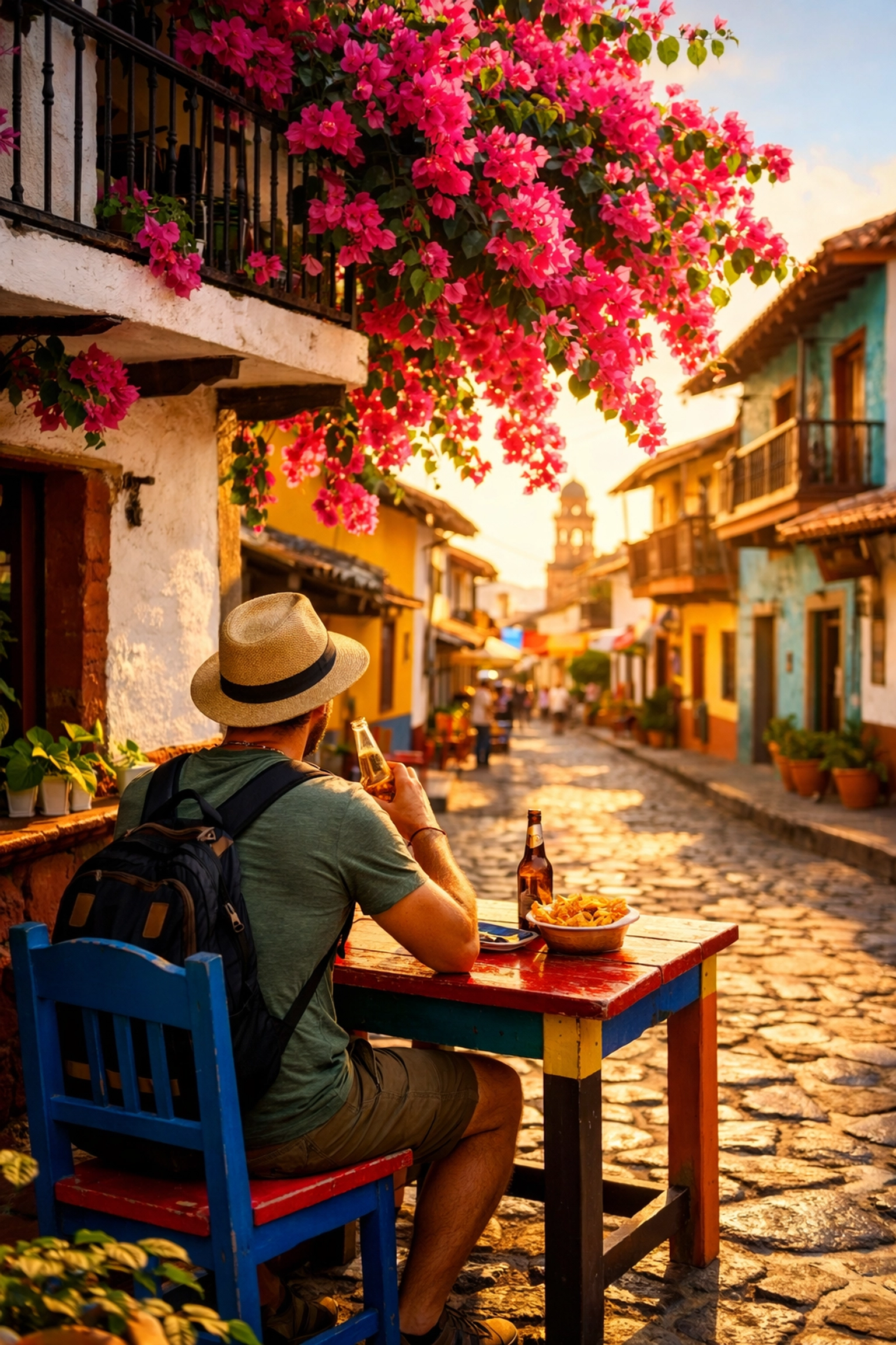Solo traveler at a cafe in Old Town near vibrant Puerto Vallarta Old Town condo rentals.
