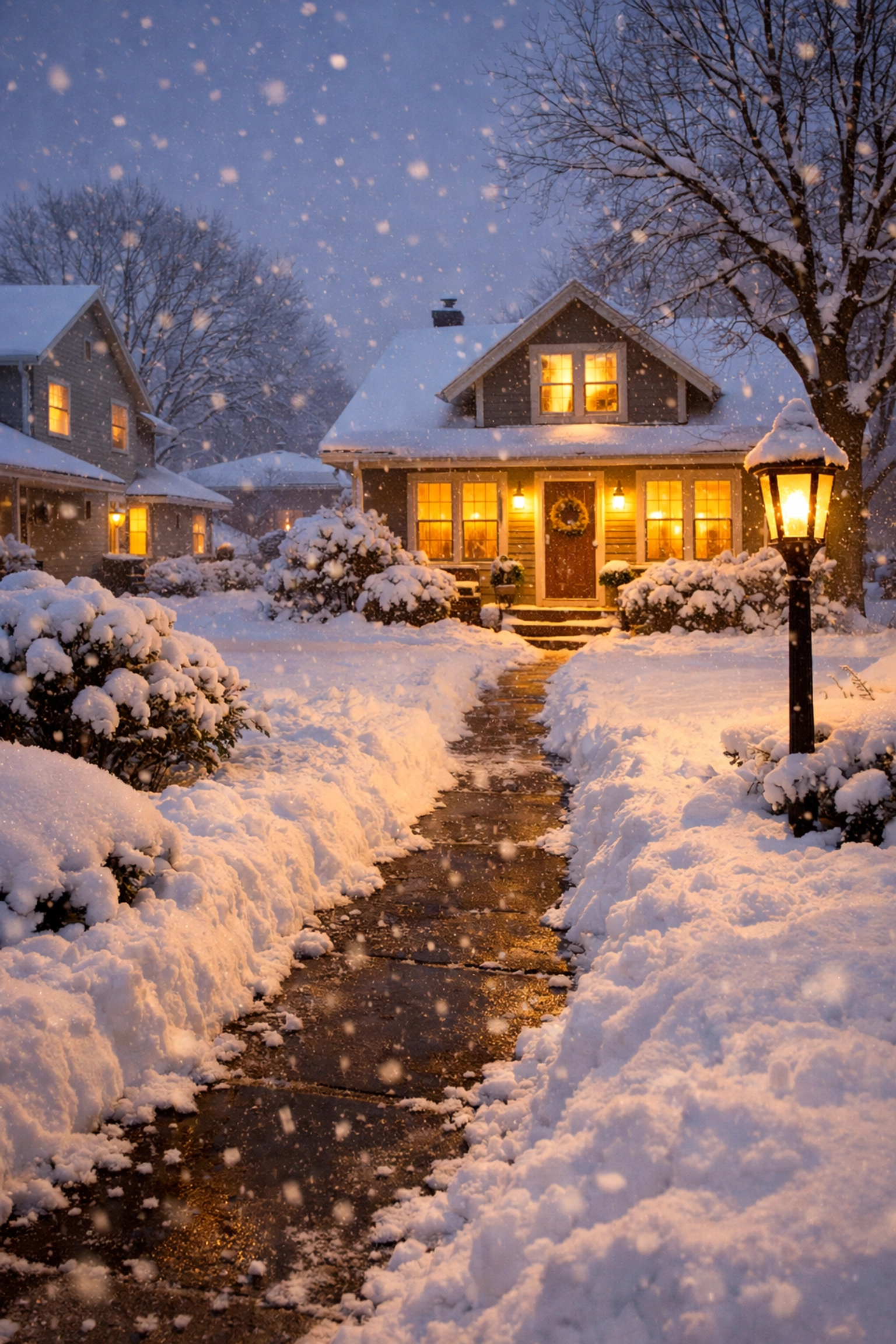 Snow-covered Midwest neighborhood at dusk with warm house lights during winter storm
