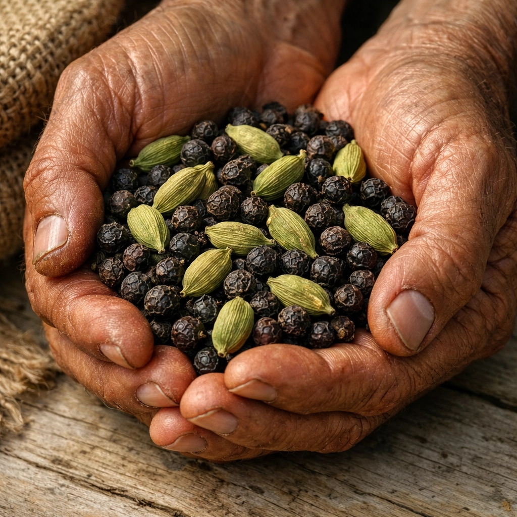 Authentic Alleppey Bold cardamom and Tellicherry black pepper held in hands for quality inspection.