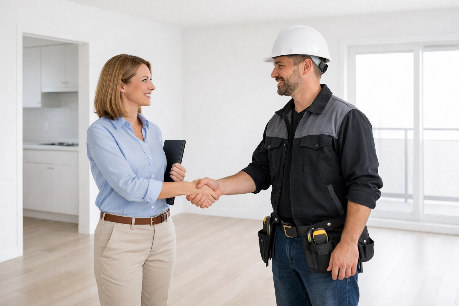 Property manager meeting with contractor in empty apartment unit ready for turnover