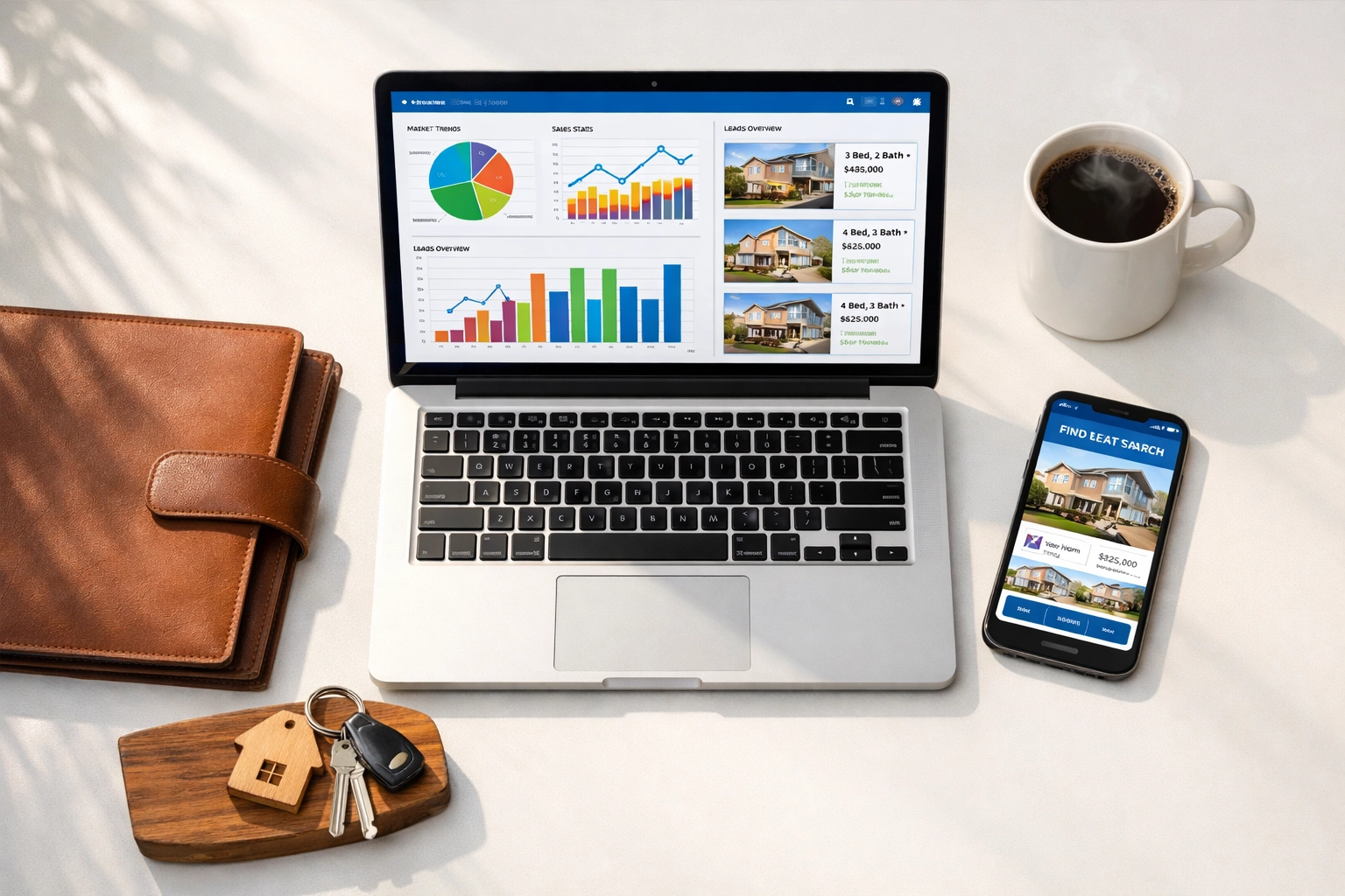 Robert Millaway's tech-forward real estate workspace with data analytics and property tools Robert Millaway's tech-forward real estate workspace with data analytics and property tools