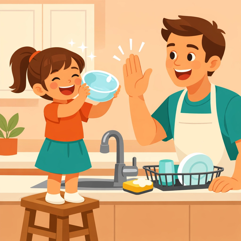 Father providing positive behavior support with a high-five during in-home ABA therapy activities in the kitchen.