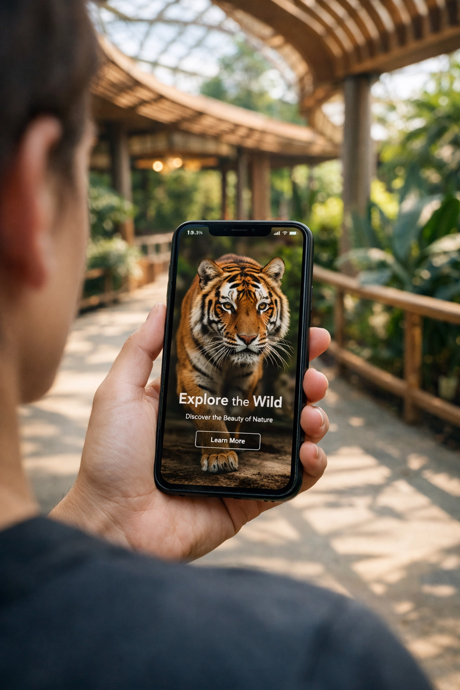 Visitor using a zoo Wi-Fi landing page on a smartphone to boost digital brand engagement.
