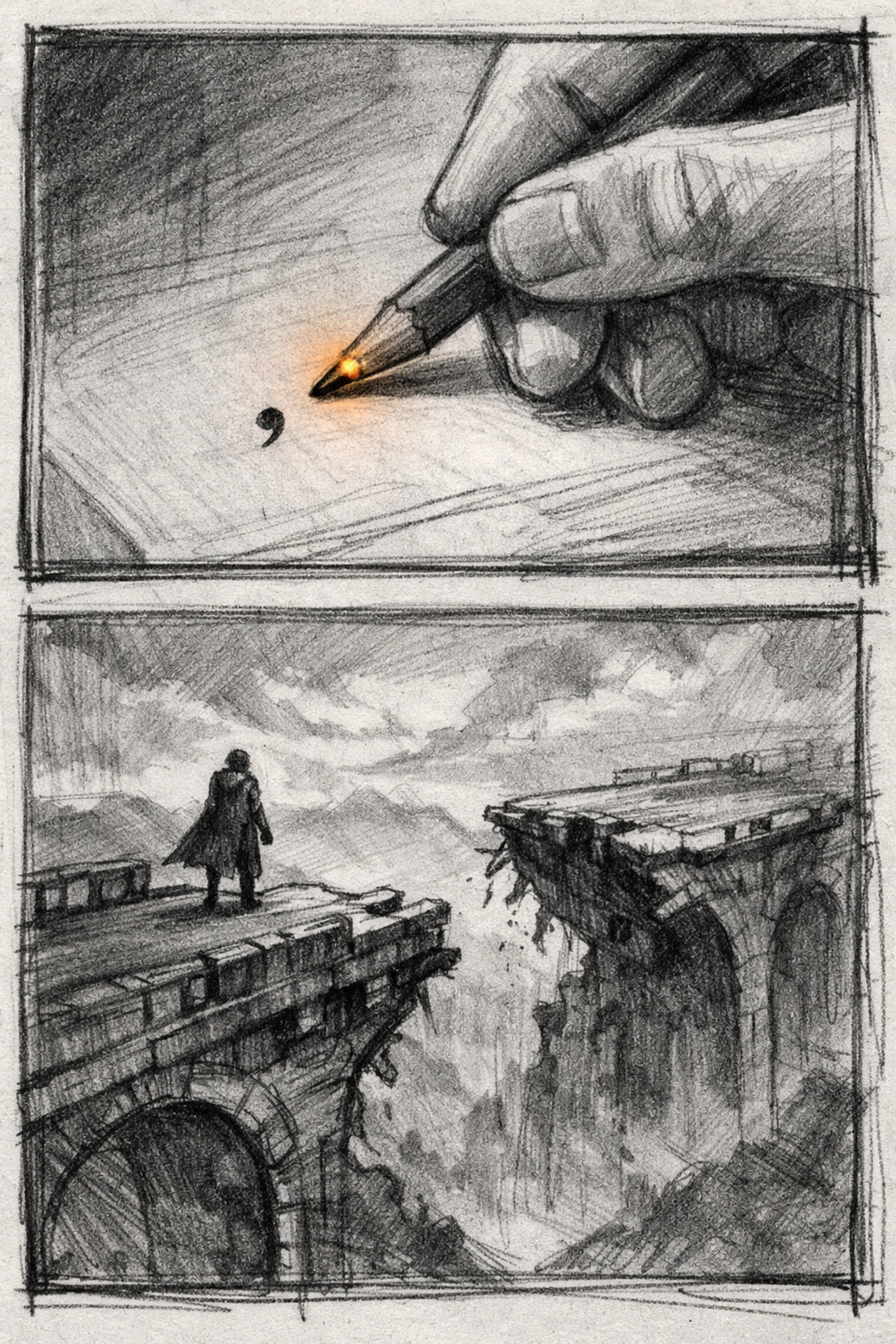 Storyboard sketch contrasting a minor script edit with a major structural bridge gap.