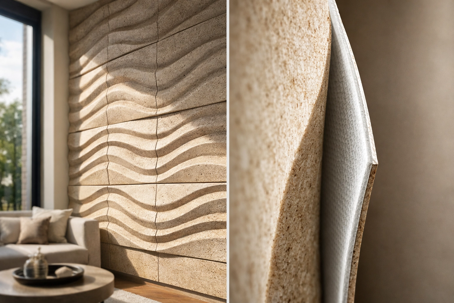 Modern 3D-textured stone wall in travertine beige featuring a wave pattern and flexible profile.