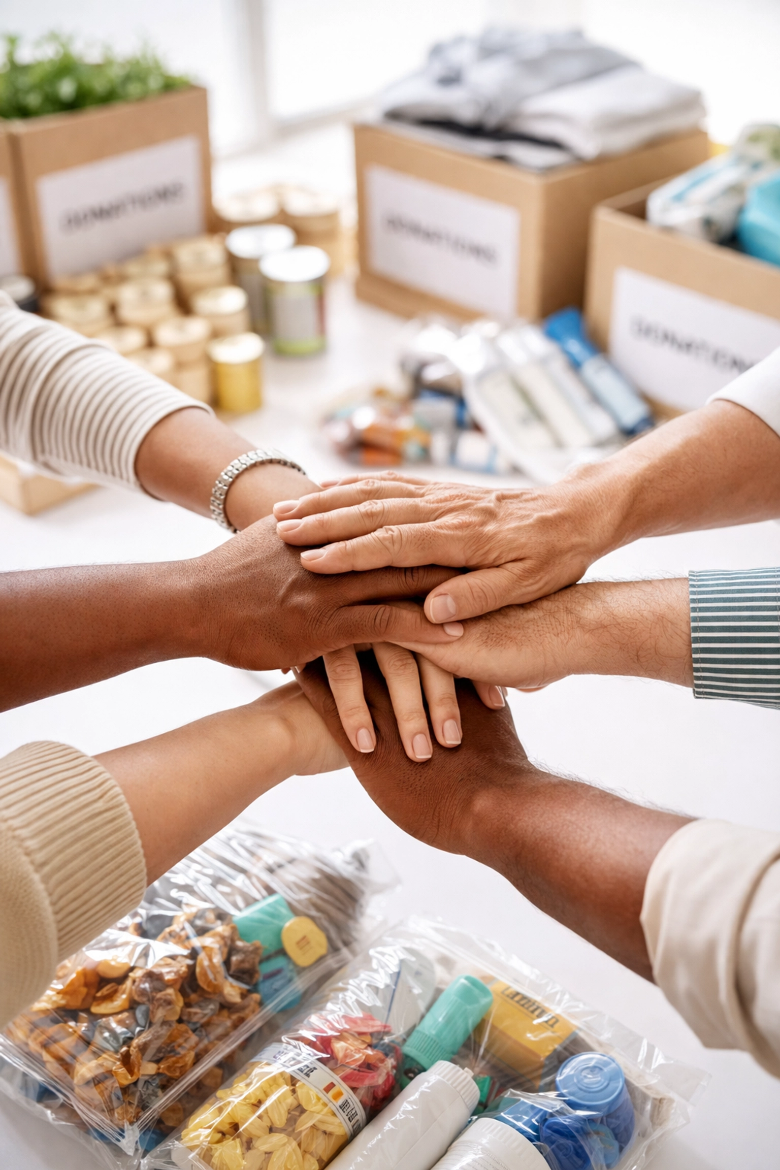 Hands of volunteers assembling care packages, showcasing teamwork at American Legion Post 76