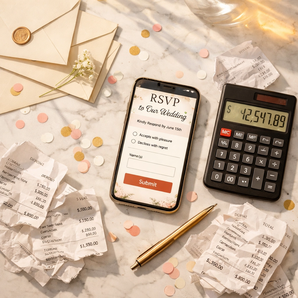 Wedding budget planning with invitations, calculator, and digital RSVP on smartphone