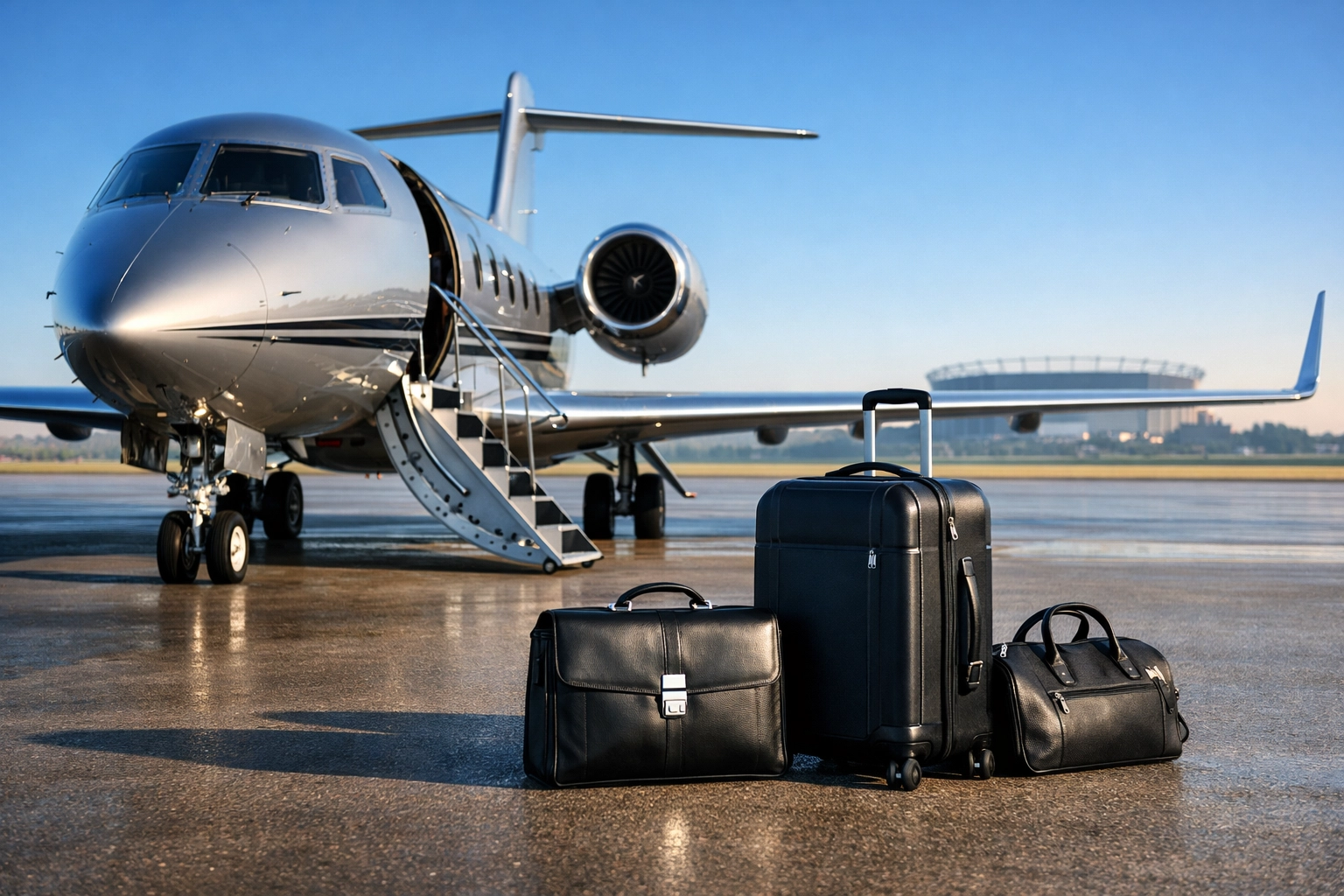 Private jet on a tarmac representing elite corporate travel management for high-stakes sporting events.