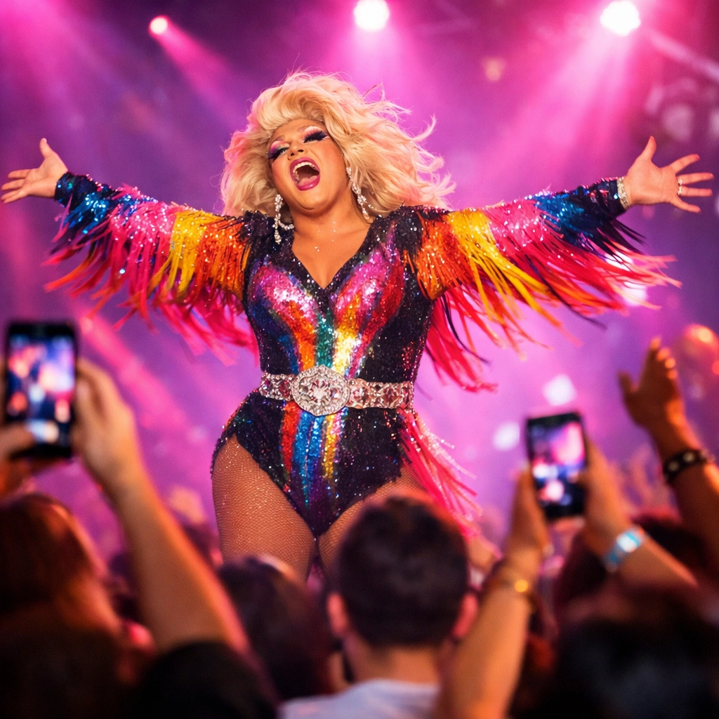 Drag queen performing on stage during first show with enthusiastic audience cheering