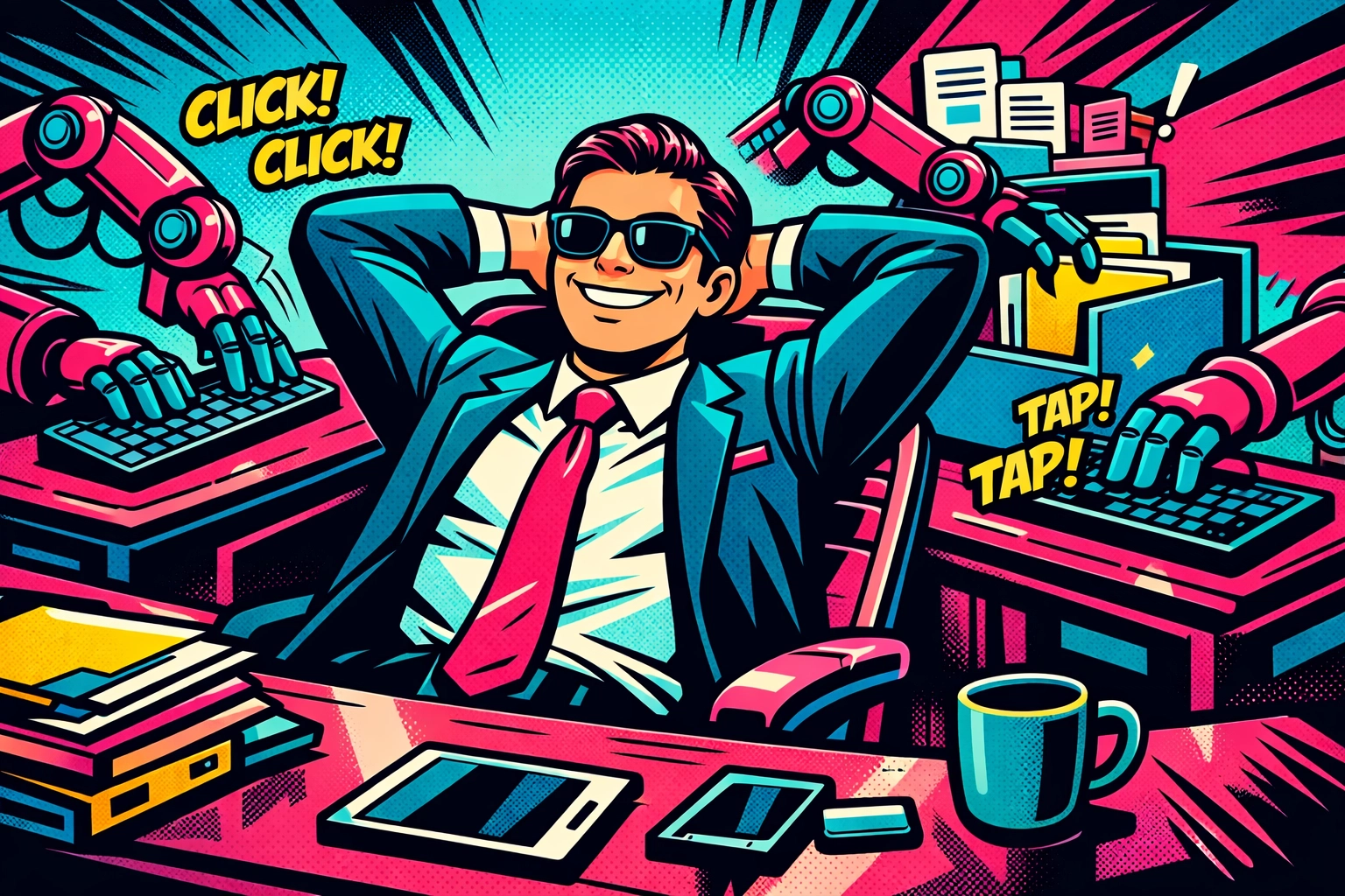 Illustration of a relaxed business owner using AI automation to handle repetitive admin tasks.