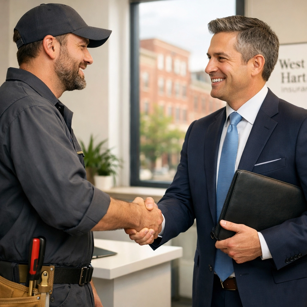 Handshake between a CT plumber and insurance agent in West Hartford, representing a trusted business partnership.