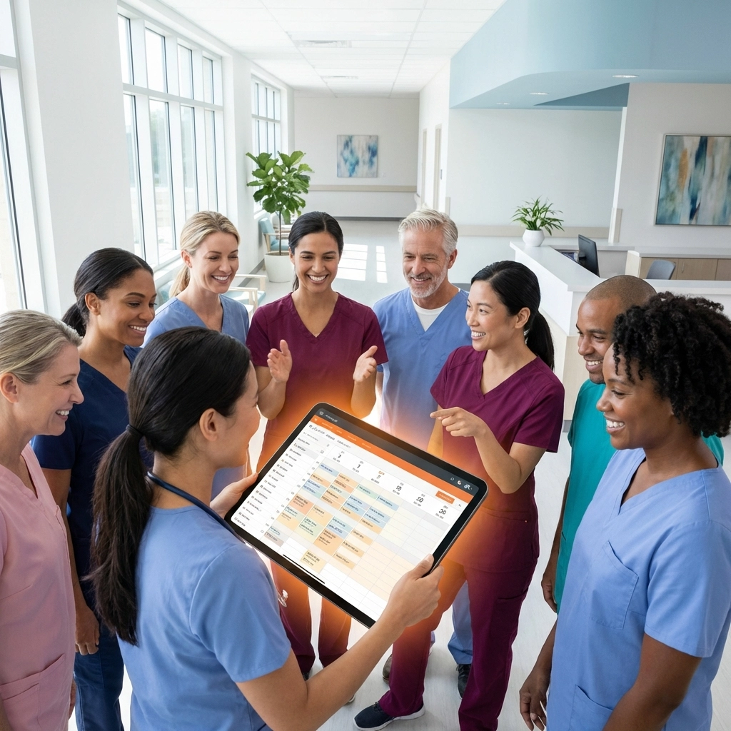 Diverse nurses review schedules together in a hospital hallway, highlighting AI-powered staffing collaboration.