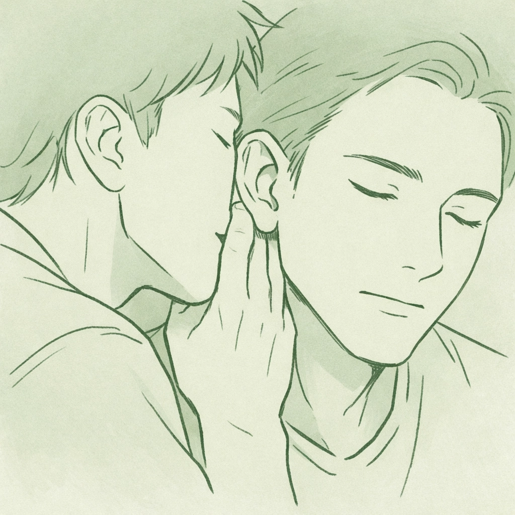Two men sharing an intimate whisper moment in MM romance, faces close together