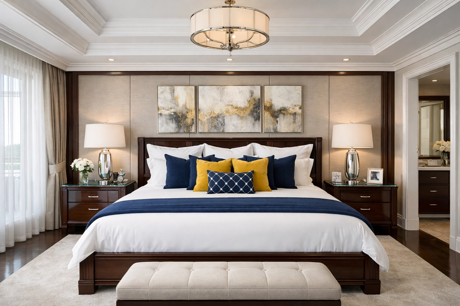 Perfectly cleaned luxury master bedroom showcasing high-end residential cleaning results.