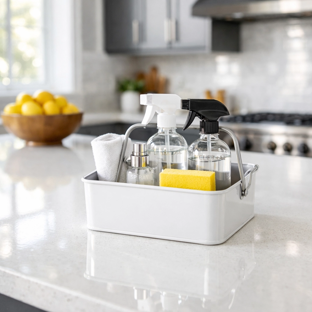 Eco-friendly house cleaning supplies in a modern Walpole kitchen for a safe, healthy home.