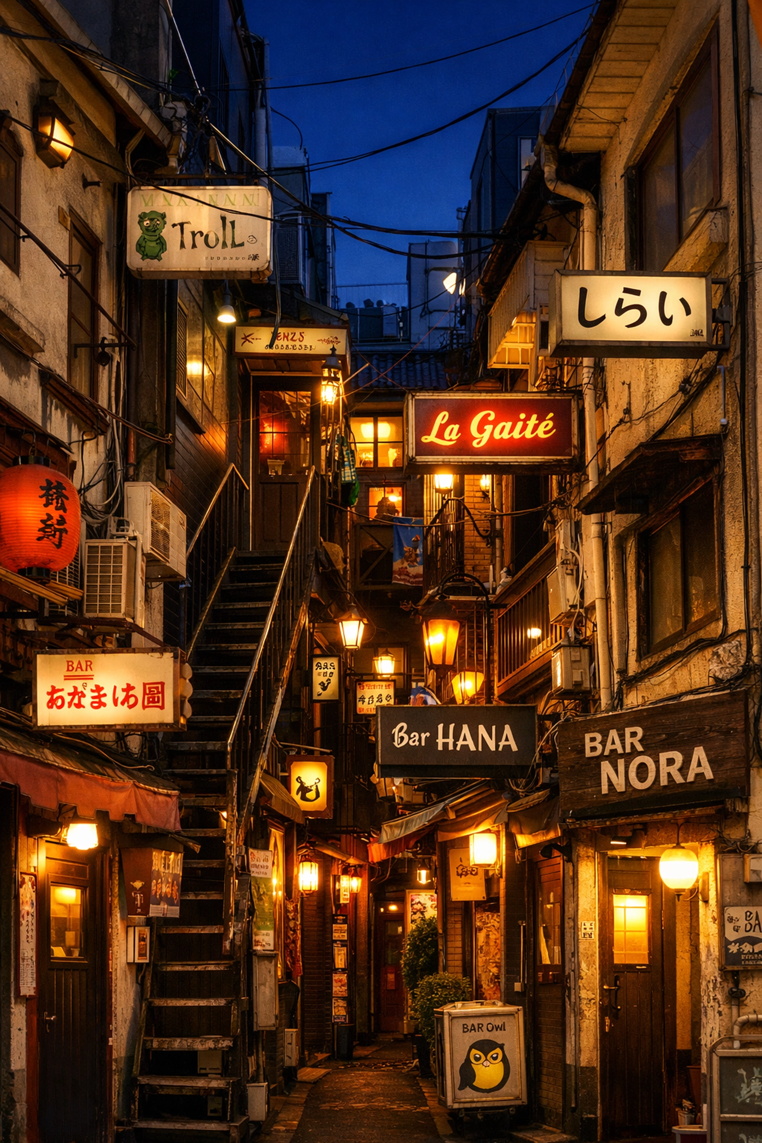 Shinjuku Golden Gai nightlife with vintage bar facades and narrow alleys in Tokyo.