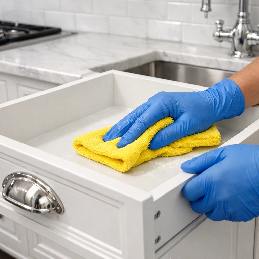 Professional post-construction cleaning in Southborough removing fine dust from new kitchen cabinets.
