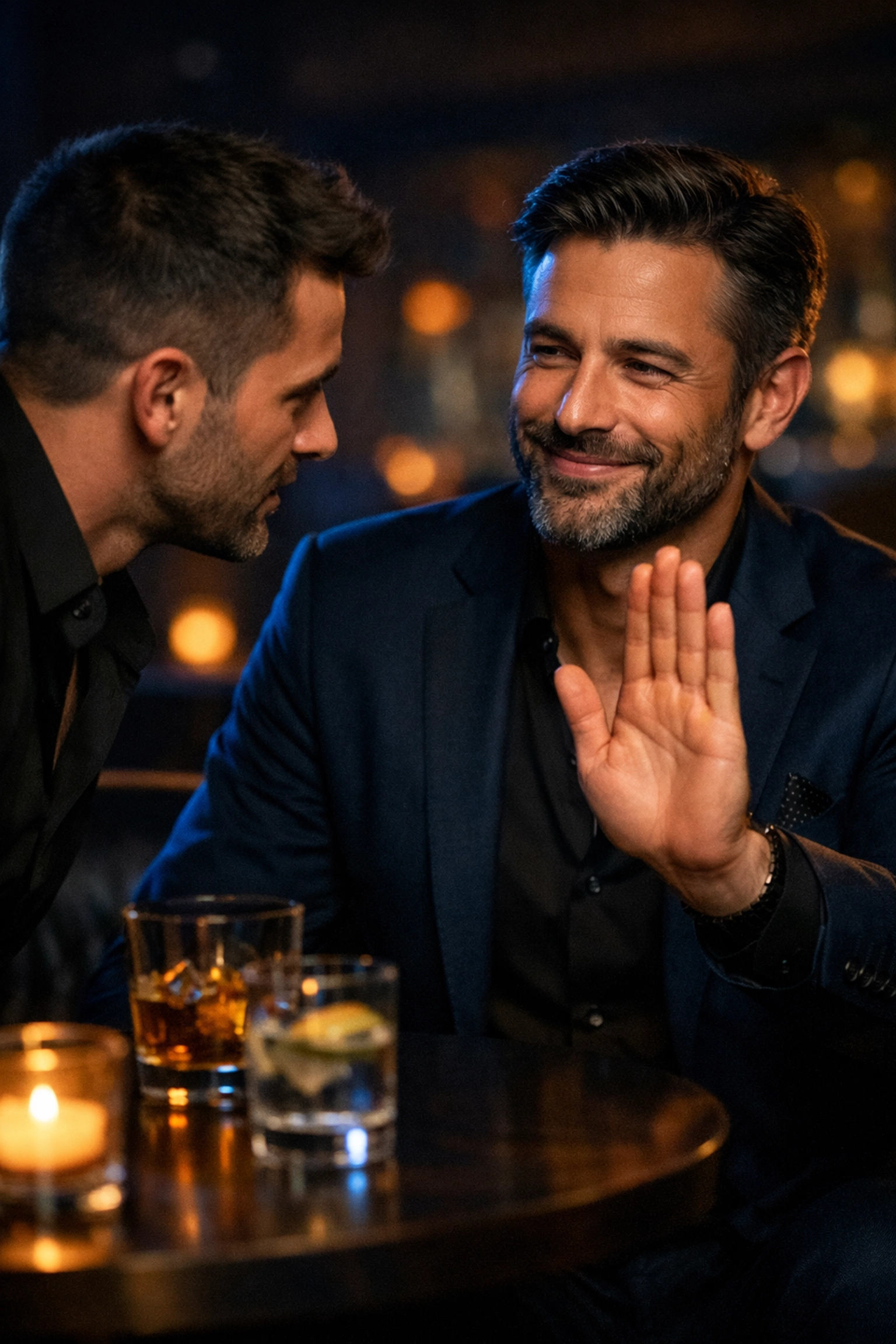 Two men in a moody LGBTQ+ club lounge communicating boundaries and respectful consent.