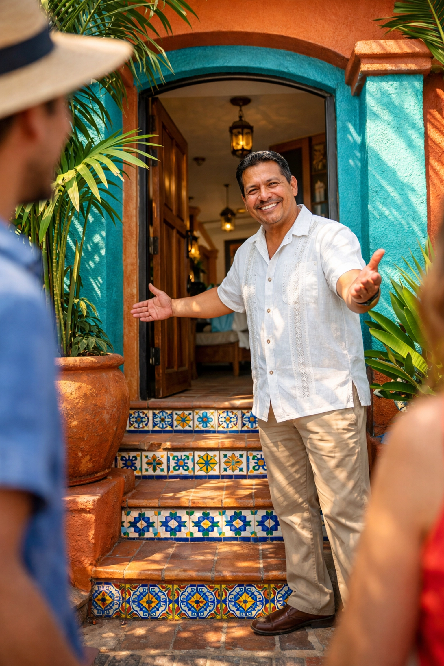 Local Puerto Vallarta condo host welcoming guests at colorful entrance with Mexican tiles