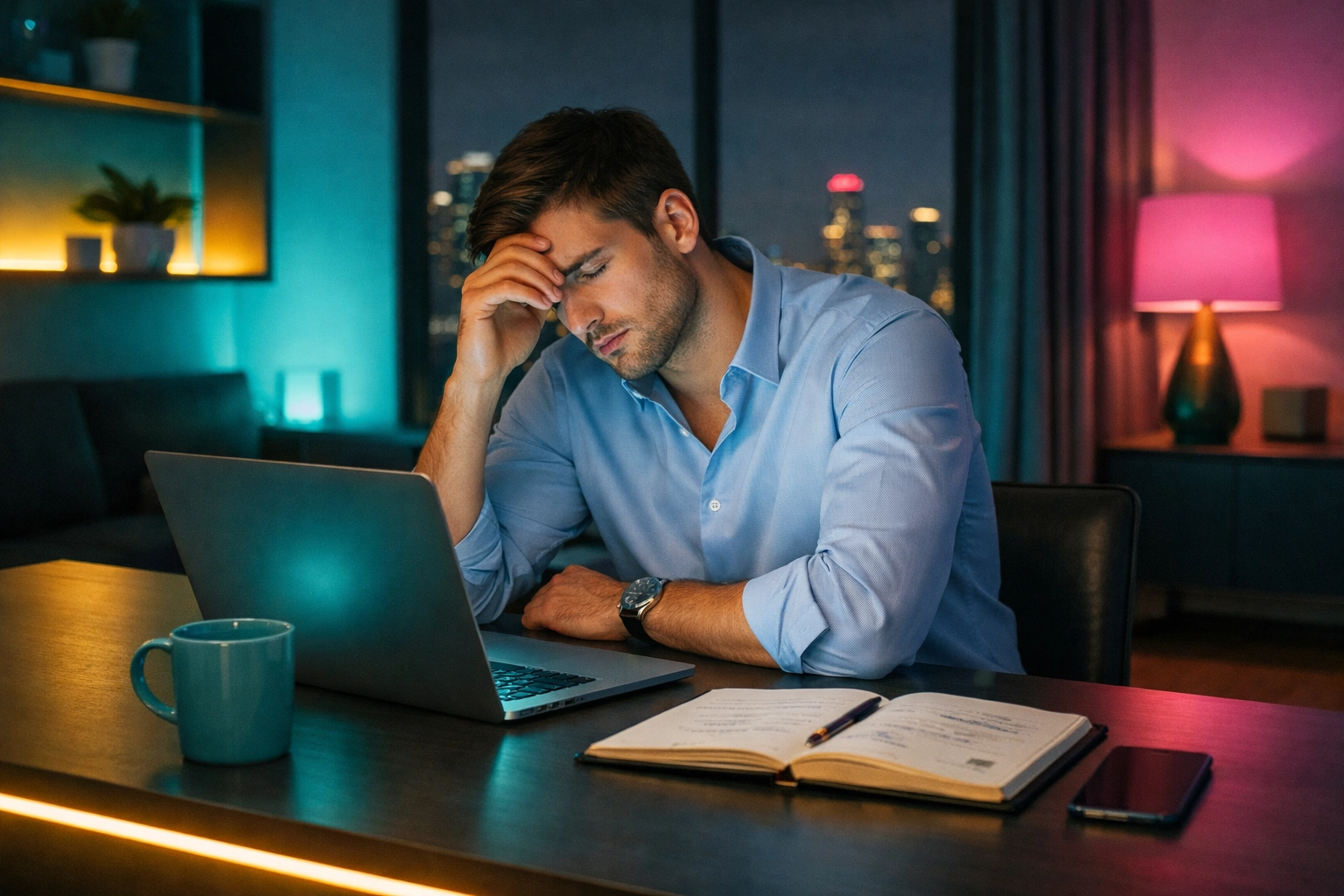 Exhausted professional at office desk showing signs of burnout and mental health struggle