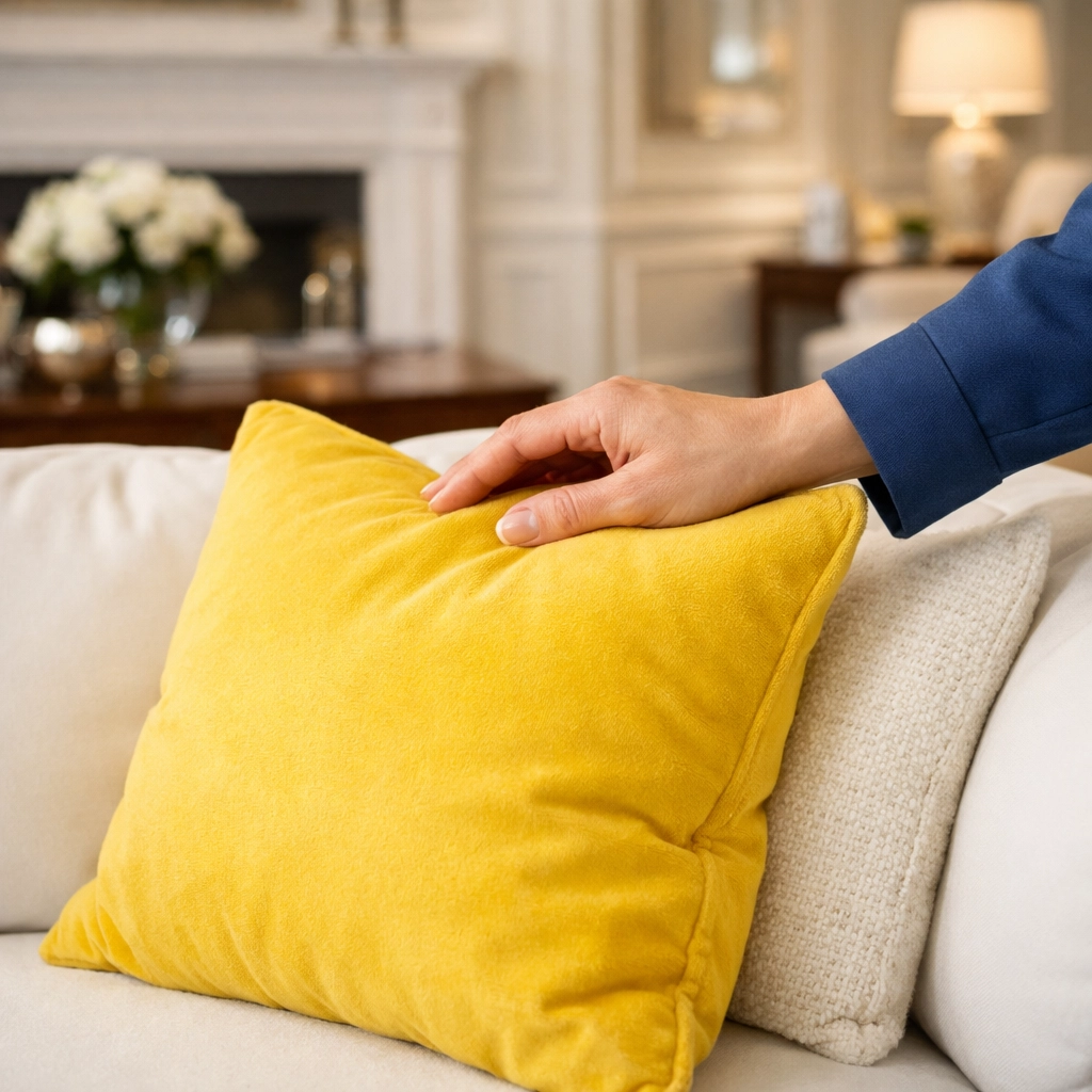 Local house cleaning services near me in Wellesley showing meticulous attention to detail on a white sofa.