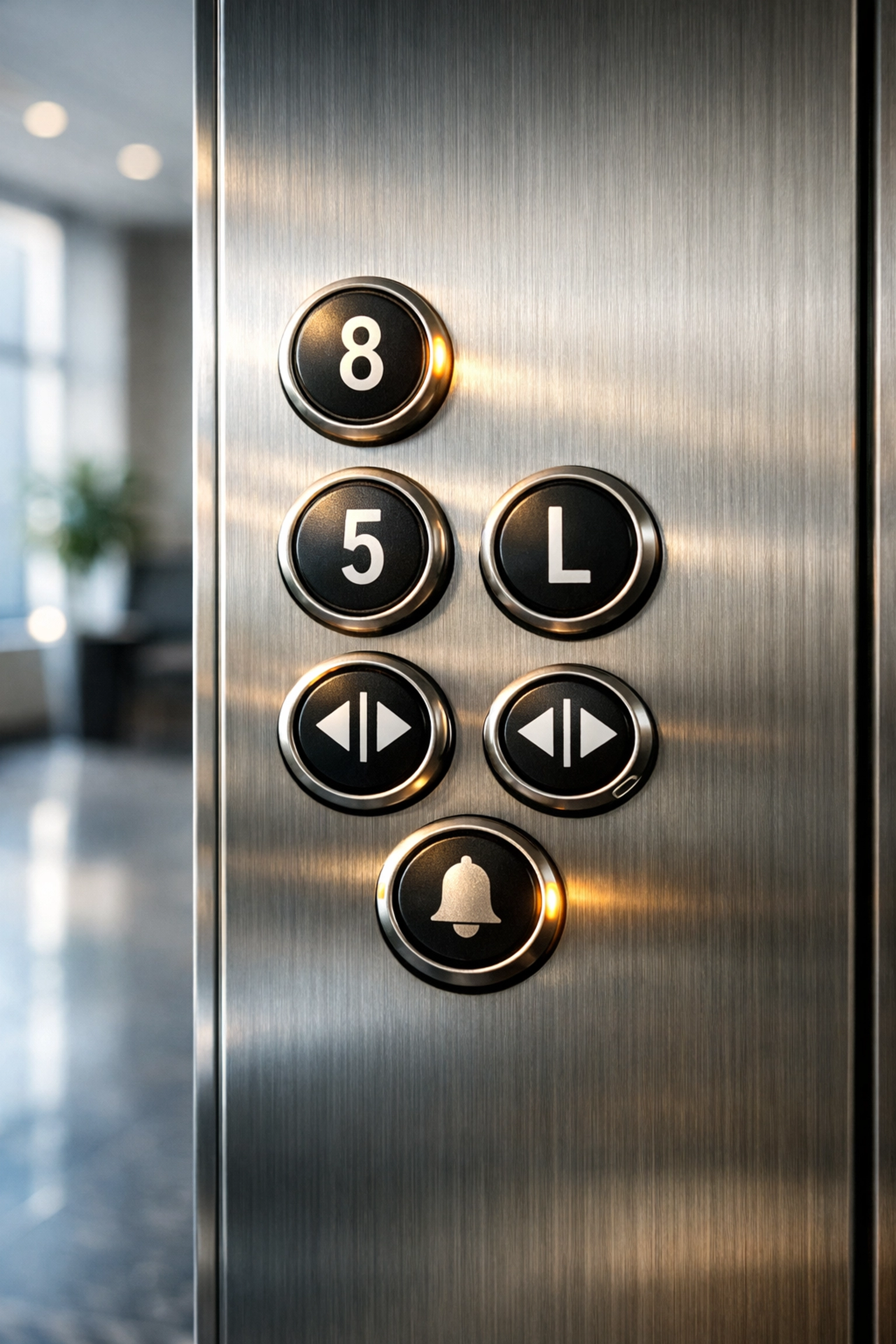 Clean elevator buttons in a Chicago high-rise office lobby, representing high-touch surface sanitization.